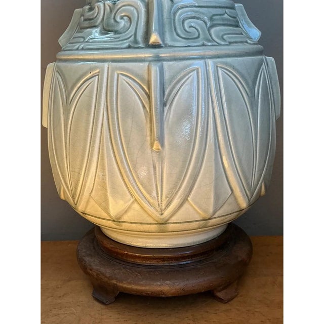 Vintage Glazed Ceramic Table Lamp With Wood Base For Sale - Image 12 of 12