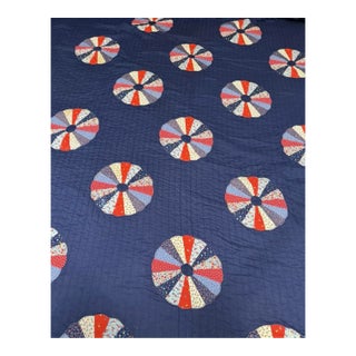 Vintage Handmade Quilt With Dresden Plate Blocks Navy 109x85” King For Sale