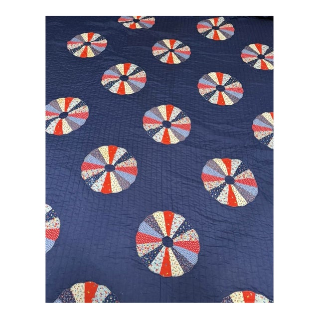 Vintage Handmade Quilt With Dresden Plate Blocks Navy 109x85” King For Sale