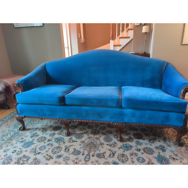 Restored Vintage Chippendale Style Camelback Sofa in Blue Velvet For Sale - Image 18 of 18