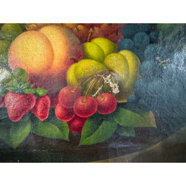 Primitive Antique Country Gilt Framed Still Life Oil Painting Canvas w Berries In good original condition showing some...