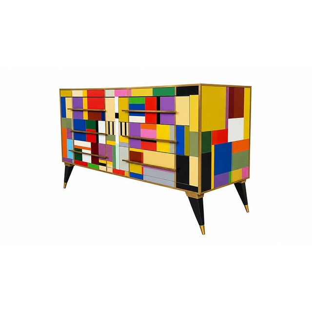 Dresser with six drawers, entirely handmade, wooden frame covered in multicolored Murano glass tiles; profiles, handles,...