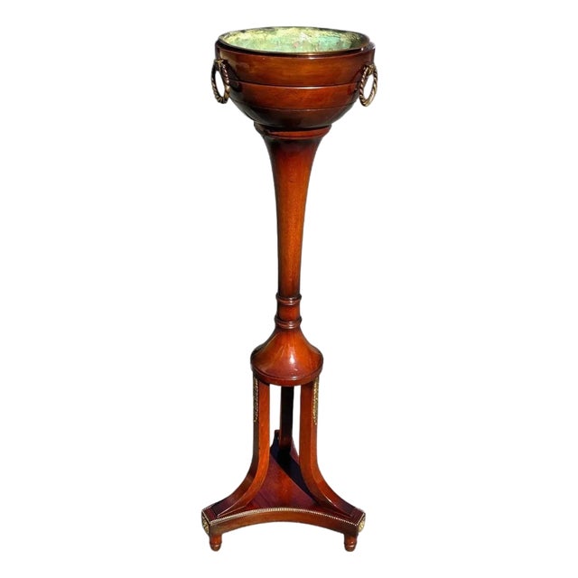 Antique Regency Style Wood Planter With Brass Accents and Insert For Sale