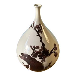 Large Vintage Chinese Porcelain Bottle Brown Plum Blossom Branch Motif