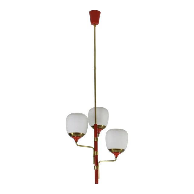 1950s Stilnovo-Style Pendant in Brass, Red Lacquer & Opaline Glass For Sale