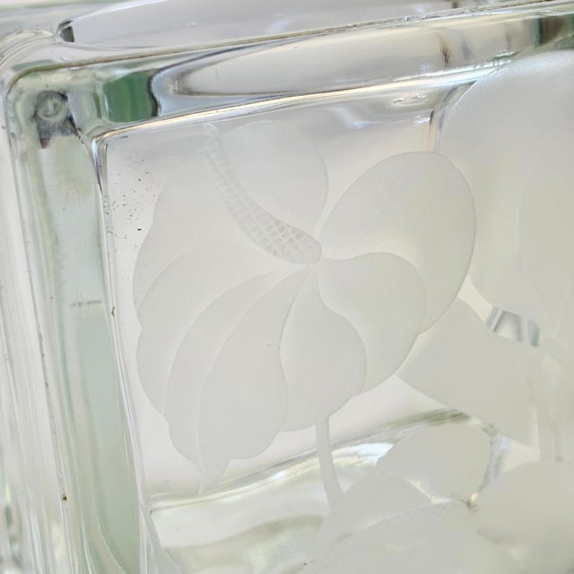 Transparent Vintage Frosted Flower Glass Block Vase For Sale - Image 8 of 10