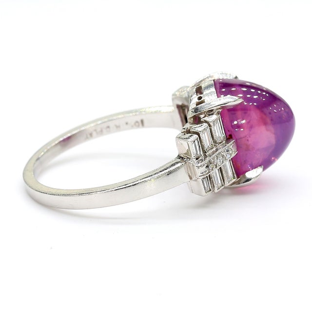 Metal Vintage No Heat 7 Carat Purplish Pink Star Sapphire Platinum Art Deco Ring, Size 6.25 For Sale - Image 7 of 11