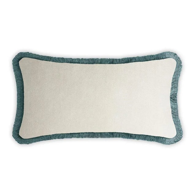 Early 21st Century White Velvet with Teal Fringes Rectangle Happy Pillow from Lo Decor For Sale - Image 5 of 5