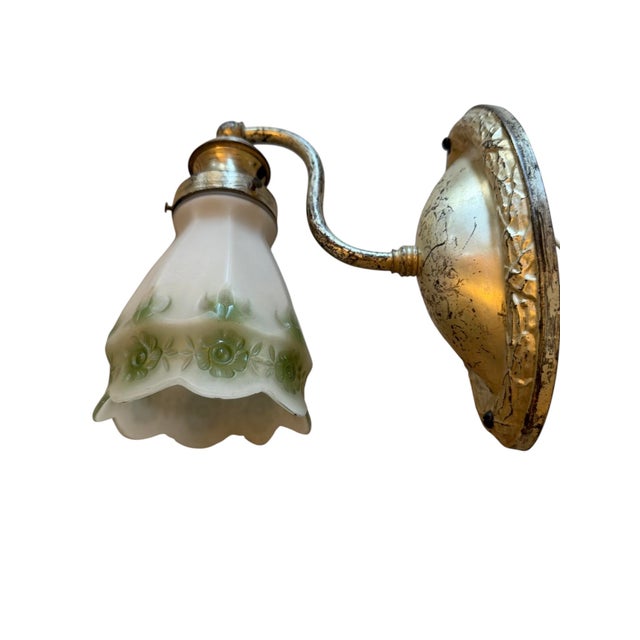 Antique Silverplate Gooseneck Wall Sconccs With White and Green Flower Shades - a Pair For Sale In Los Angeles - Image 6 of 8