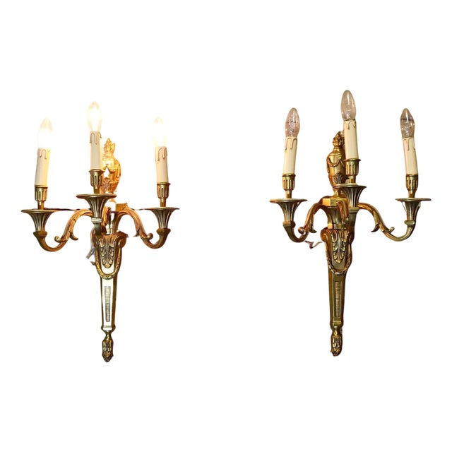 Large French Neoclassical Brass Wall Lights, 1900s, Set of 2 For Sale