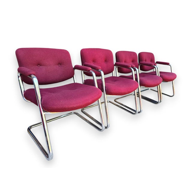 ▪️ 4 Mid Century Cantilevered Chairs ▪️Chairs in a deep maroon tweed like fabric ▪️Chrome bases in solid condition...