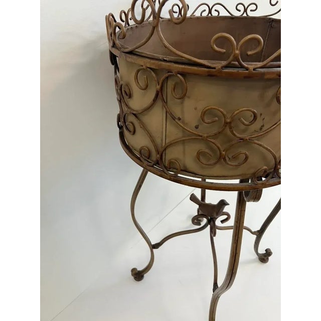 French Country Vintage Wrought Iron Plant Stand – Decorative Scrollwork Jardinière For Sale - Image 3 of 7