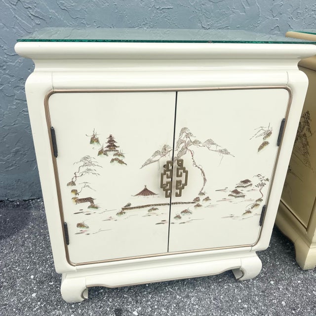 Vintage Chinese Hand Painted Cream and Gold Glass Top Nightstands/Cabinets - A Pair For Sale - Image 12 of 12
