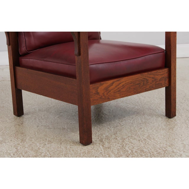 Gustav Stickley Antique Mission Oak Burgundy Leather Reclining Morris Chair For Sale - Image 9 of 15