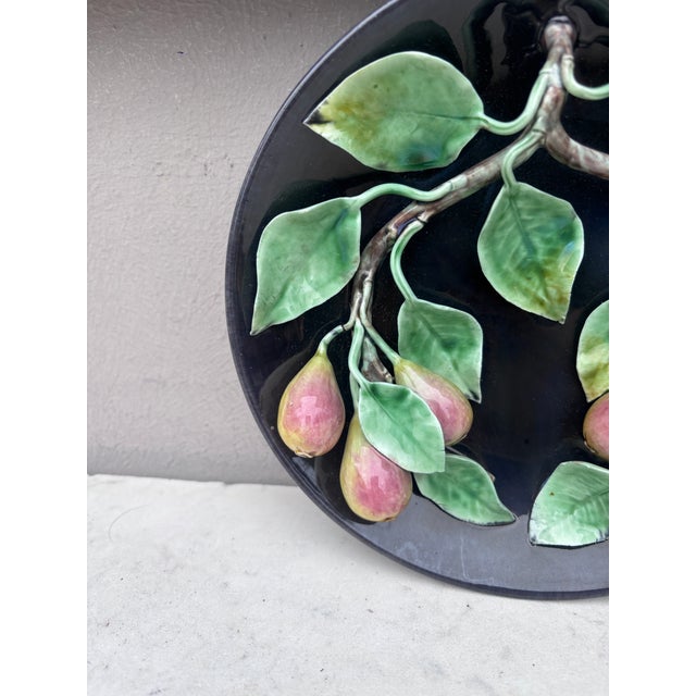 Rustic Portuguese Majolica Palissy Pears Platter Circa 1930 For Sale - Image 3 of 4