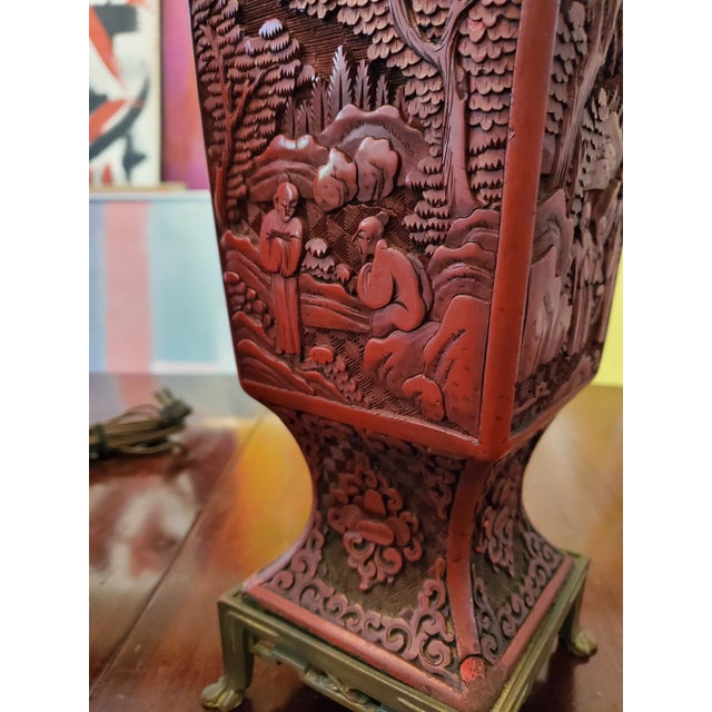 Mid 19th Century Antique Chinese Cinnabar Red Lacquer Carved Lamps- a Pair For Sale - Image 5 of 11