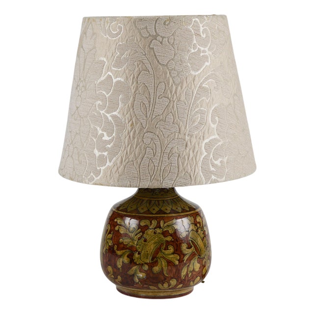 Vintage Working Lamp in Glazed Ceramic with Damask Hood For Sale