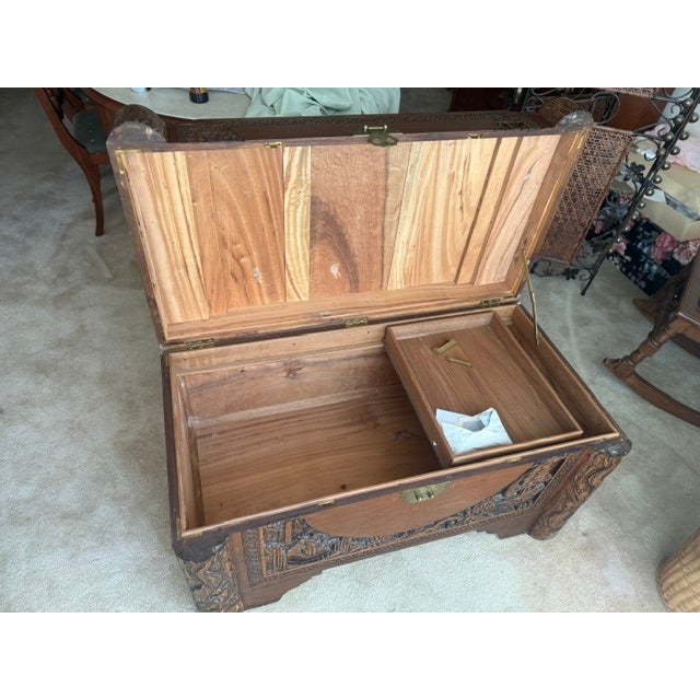 Wood Early 20th Century Chinese Camphor Carved Wood Chest For Sale - Image 7 of 17