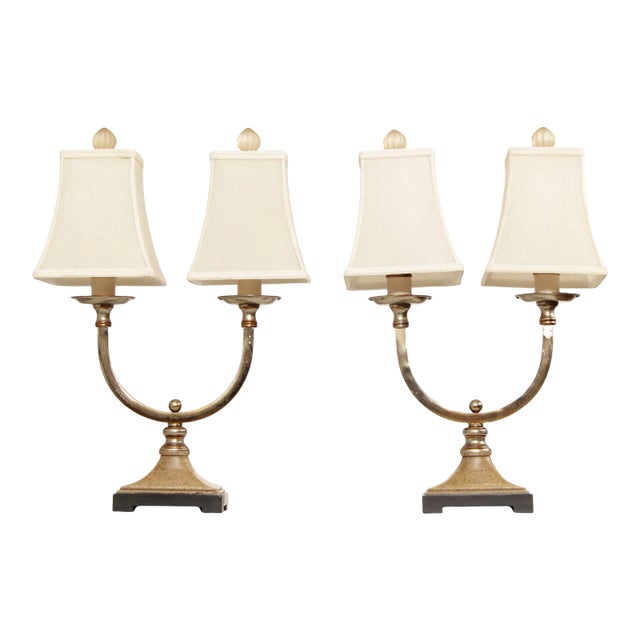 1990s Neoclassical Style Chrome Two-Light Table Lamps (F) - A Pair For Sale