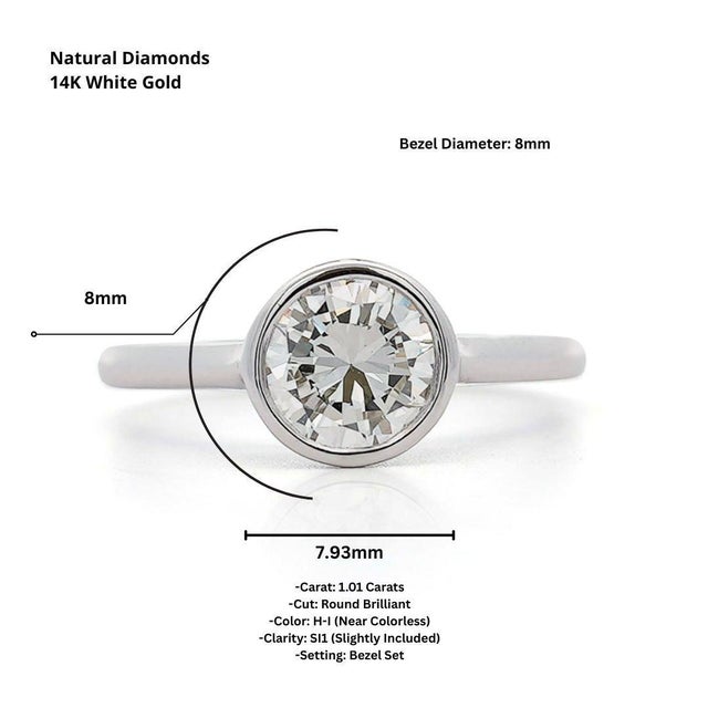 1.01 Carat Round Diamond Vintage Bezel 14k White Gold Solitaire Ring, Size 5.25 For Sale In Miami - Image 6 of 8