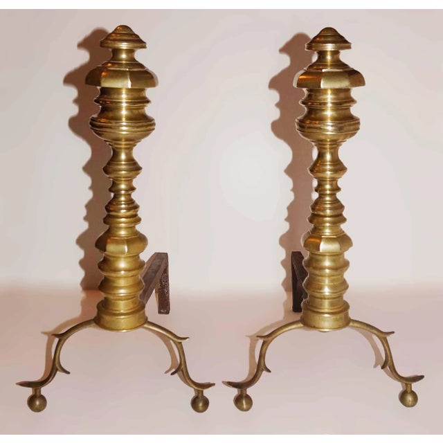 Andirons Antique Brass With Spurred Cabriole Legs and Ball Feet - A Pair For Sale - Image 4 of 5