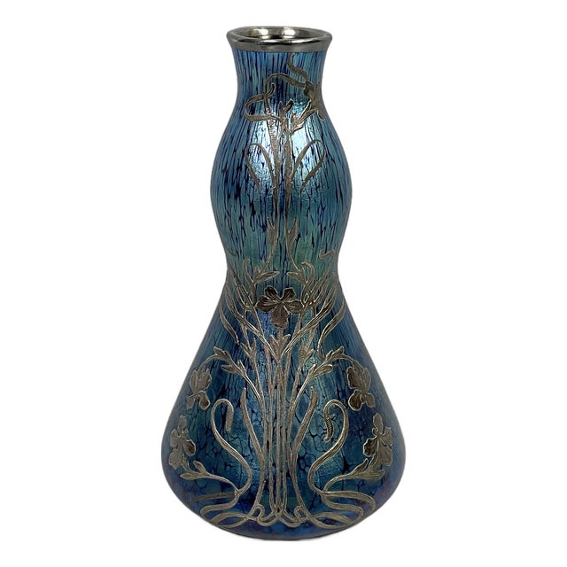 Austrian Art Nouveau Style Blue Glass and Silver-Plated Vase, 1930s For Sale