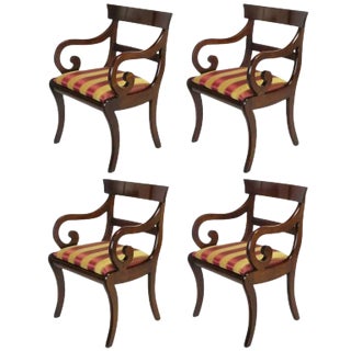 Four Mahogany Regency Scrolled Arm Dining Chairs For Sale