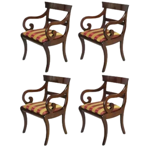 Four Mahogany Regency Scrolled Arm Dining Chairs