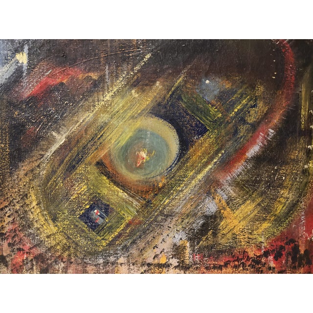 1950s Signed Mid-Century Modern American Abstract Oil Painting Wormy Chestnut Frame For Sale - Image 5 of 5