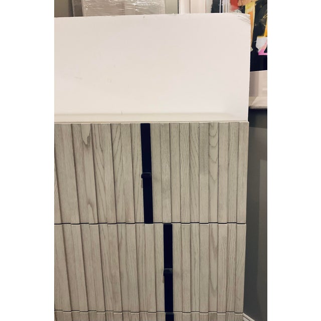 Original retail $3200, stylish Caracole Modern Taupe Clancy Chest of Drawers, slatted wood, black metal accents, showroom...