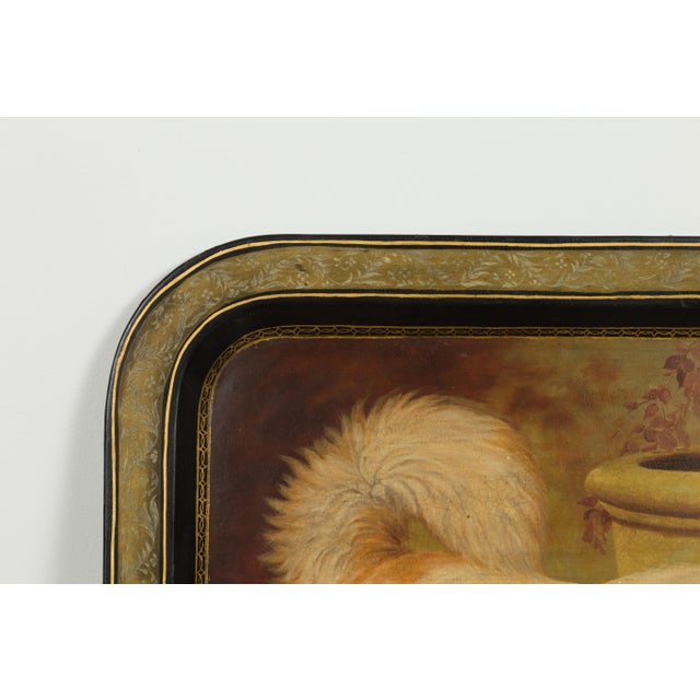 19th Century English 19th Century Painted Tôle Tray Depicting Playful Dogs and Turtle Doves For Sale - Image 5 of 11