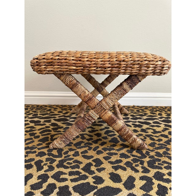 Wood Vintage Rattan & Natural Seagrass Woven Over Wood X Benches - A Pair For Sale - Image 7 of 17