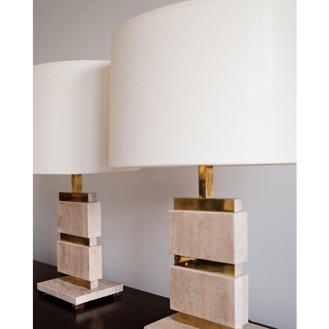 1970s Vintage Italian Travertine and Brass Table Lamps, 1970s, Set of 2 For Sale - Image 5 of 6