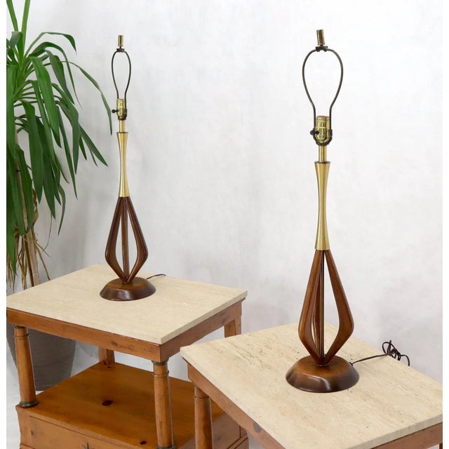 Pair of Oiled Sculptural Walnut Mid-Century Modern Table Lamps For Sale - Image 10 of 12