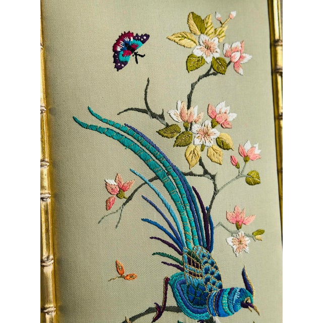 1960s Vintage Chinoiserie Embroidered Silk Panel in Faux Bamboo Frame For Sale - Image 5 of 12