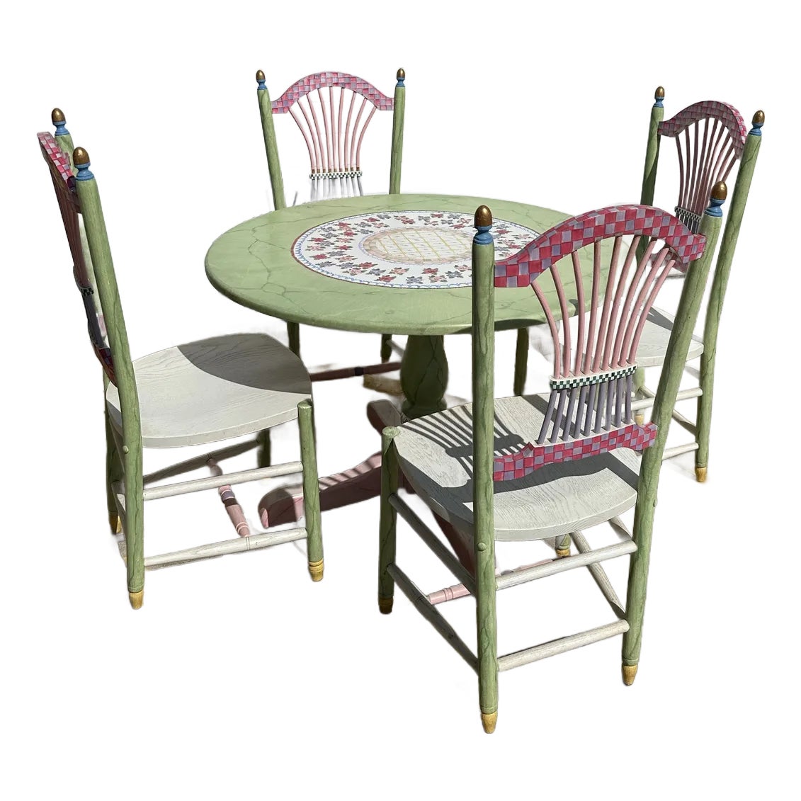 1990s McKenzie Childs Style Table and Chairs 5 Pieces Chairish