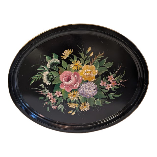 1950s Large Vintage Black Background Oval Toleware Tray For Sale