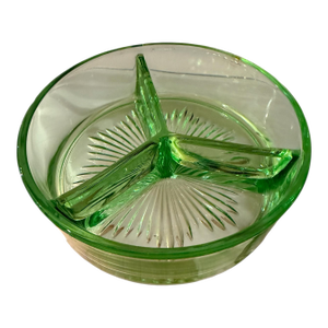 Mid 20th Century Uranium Green Depression Glass Divided Dish Bowl