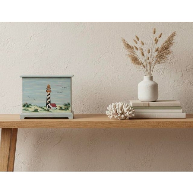 Late 20th Century Hand Painted Lighthouse Wood Box-Coastal Nautical Storage-Cottage-Beach-Keepsake For Sale - Image 9 of 11