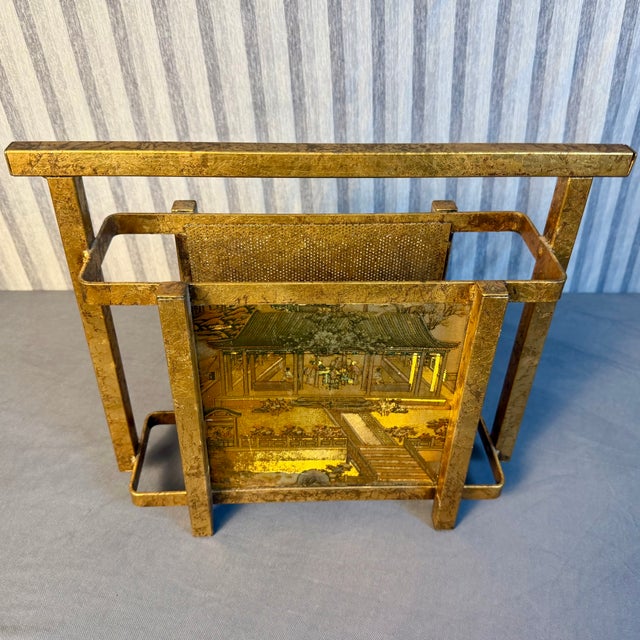 Mid 20th Century Mid 20th Century Hollywood Regency Italian Gold Gilt Magazine Rack With Chinoiserie Panels For Sale - Image 5 of 10