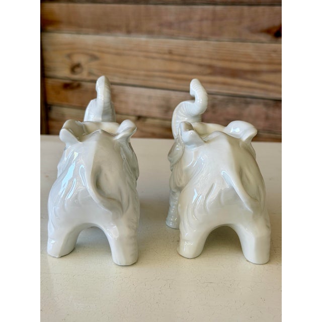 Pair of Vintage Inarco White Glazed Elephant Figurines With Raised Trunks For Sale - Image 11 of 12
