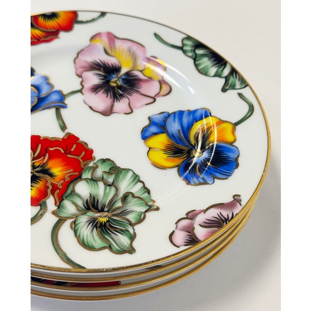 Ceramic Vintage Fitz and Floyd "Pansies" 22k Gold Trimmed Porcelain Dessert Plates, Set of 4 For Sale - Image 7 of 8