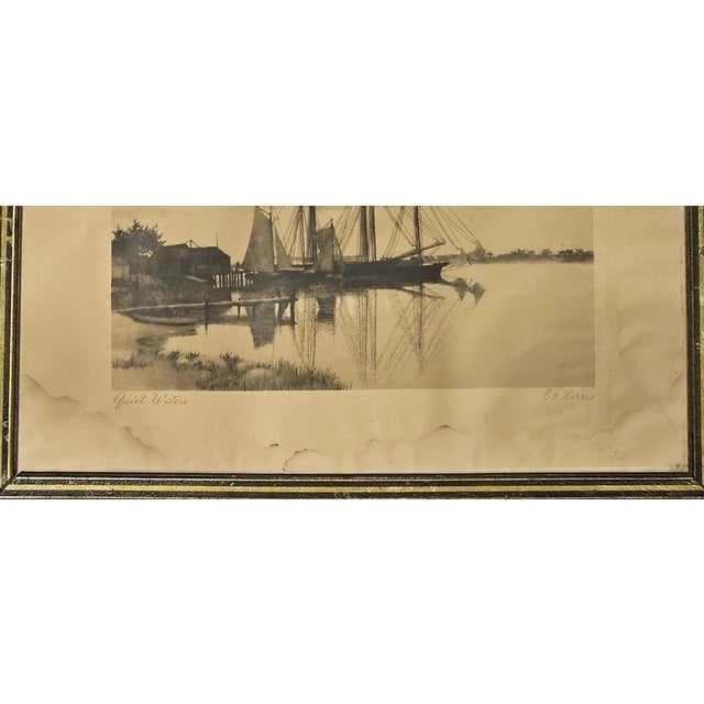 American Antique Nineteenth Century Nautical Lithograph Quiet Waters by C. H. Harris Framed For Sale - Image 3 of 10
