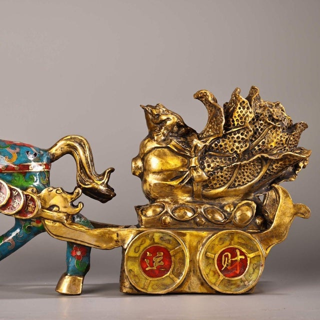 Turquoise Vintage Cloisonne Enamel Horse & Cart Figure – 15.7" Gilt Wealth Sculpture For Sale - Image 8 of 9
