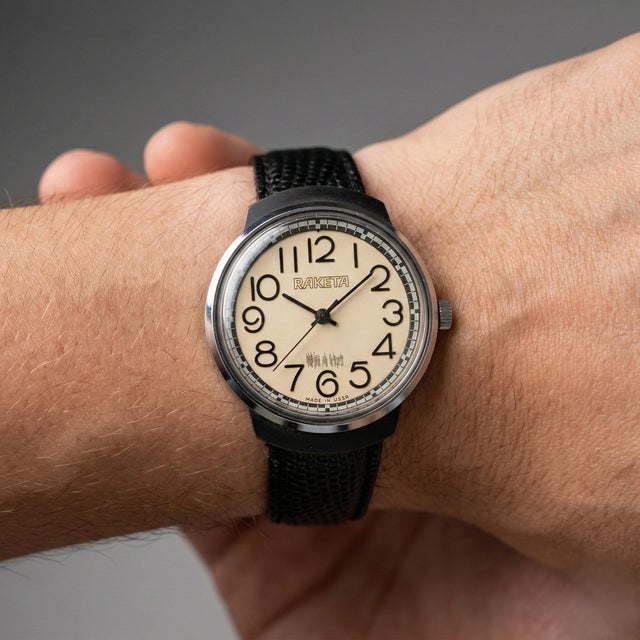 Modern Raketa Silver Steel Case Vintage Watch With Black Leather Strap For Sale - Image 3 of 8