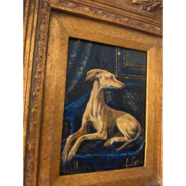Late 20th Century Original Greyhound Oil Painting, Hand Painted Whippet Portrait, Vintage Gilded Frame, Dog Lover Wall Art, One of a Kind Artwork For Sale - Image 10 of 14