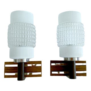 Vintage Scandinavian Teak Glass Sconces, 1960s, Set of 2 For Sale
