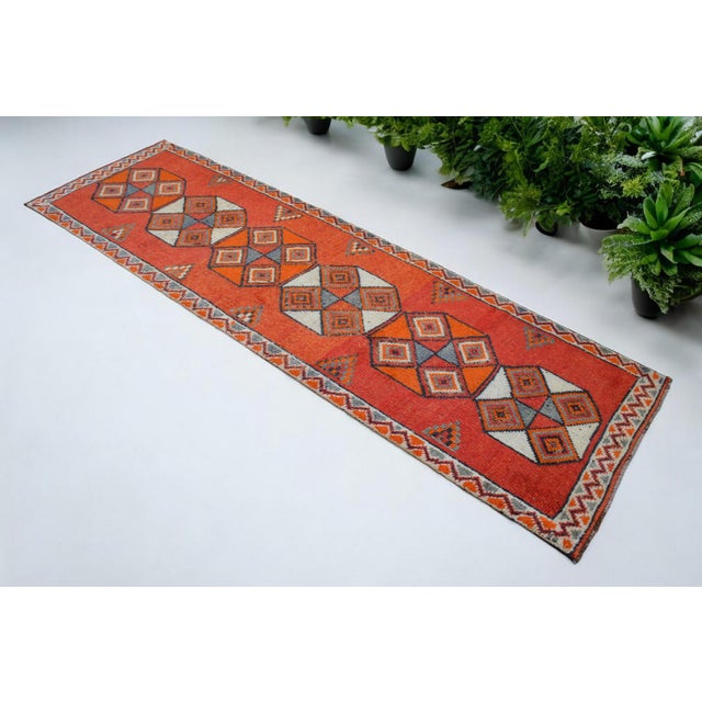 Hand-Knotted Tribal Geometric Design Turkish Runner Rug . Hallway Rug Kitchen Decor - 3′3″ X 10′4″ For Sale - Image 9 of 15