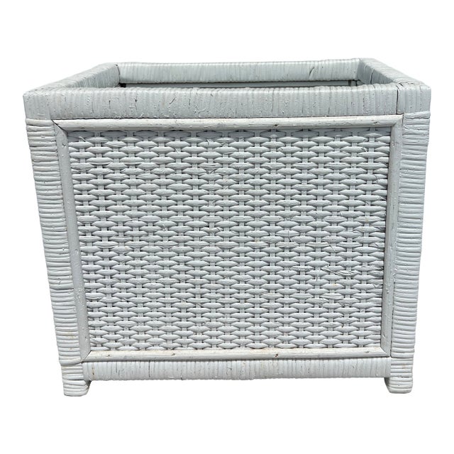 Vintage White Wicker Planter Made in Hong Kong For Sale