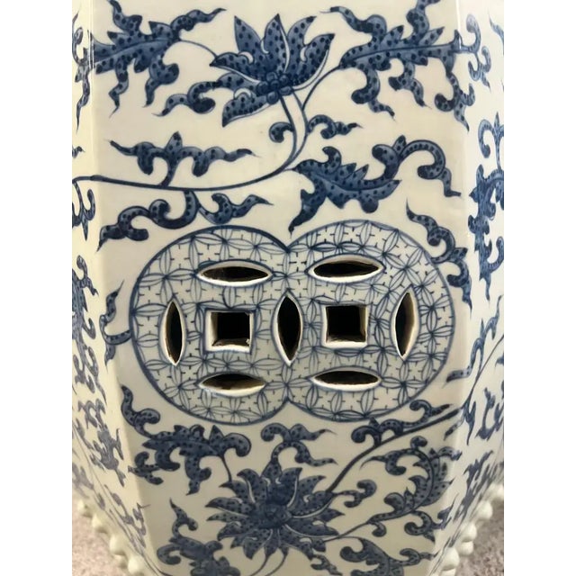 Chinese Qianlong Style Porcelain Octagonal Garden Blue & White Stool, a Pair For Sale - Image 13 of 14